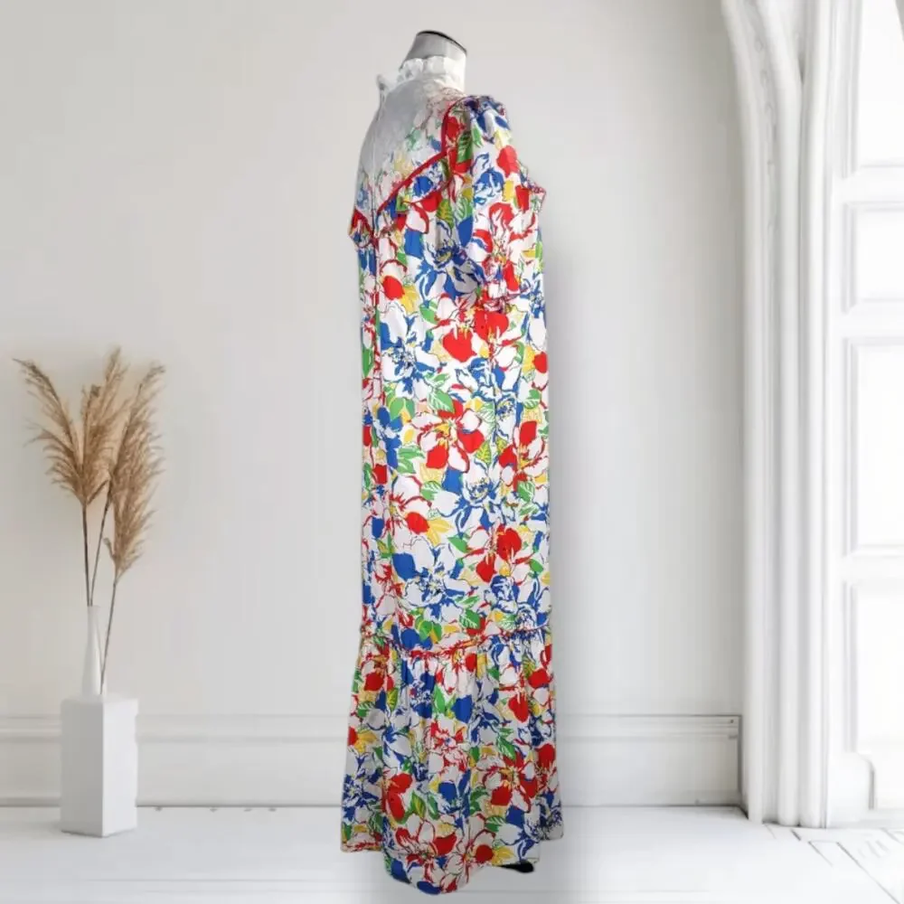 Vintage 70s Floral Muumuu Maxi Dress Lace Yoke Hawaiian House Dress USA Size 14